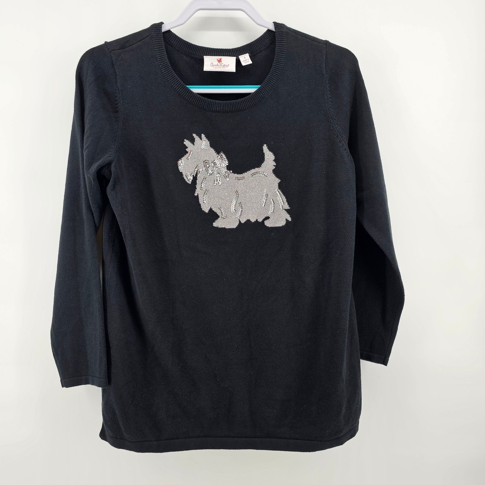 Quacker Factory Sequin Scottie Dog Sweater Womens S Black Crew Neck Long Sleeve